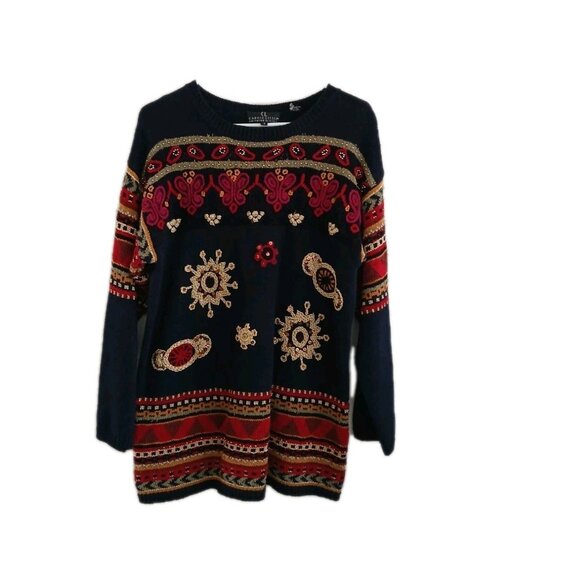 Carole Little Womens PS Sweater Pullover Embroidered Embellishment Beaded Navy - Picture 1 of 6